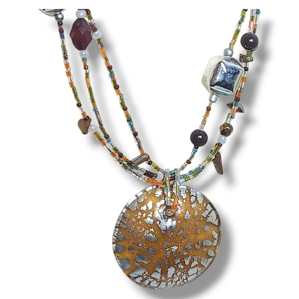 Vintage Multi-strand Beaded Necklace Large Round Art Glass Pendant Signed Cg - Picture 3 of 7